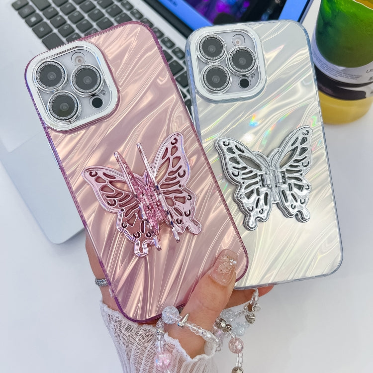 For iPhone 13 Plating Glitter Lens Film Texture Butterfly Holder Wristband Phone Case