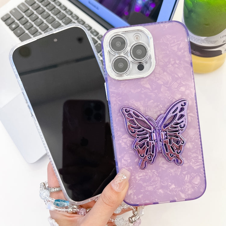For iPhone 16 Pro Plating Glitter Lens Film Texture Butterfly Holder Wristband Phone Case