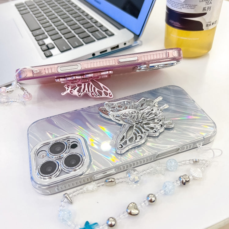 For iPhone 14 Pro Max Plating Glitter Lens Film Texture Butterfly Holder Wristband Phone Case