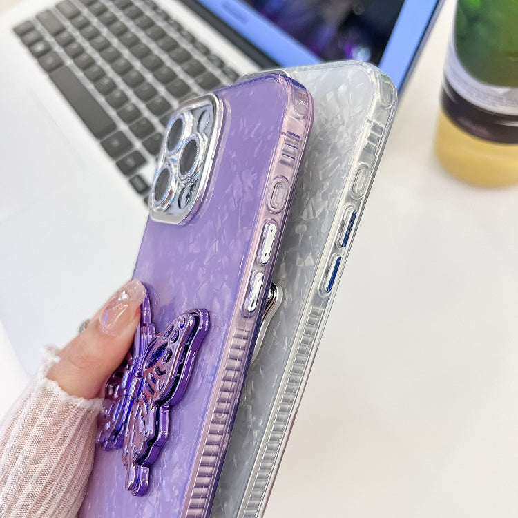 For iPhone 15 Pro Plating Glitter Lens Film Texture Butterfly Holder Wristband Phone Case
