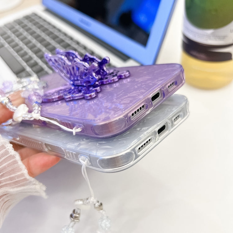 For iPhone 16 Pro Max Plating Glitter Lens Film Texture Butterfly Holder Wristband Phone Case