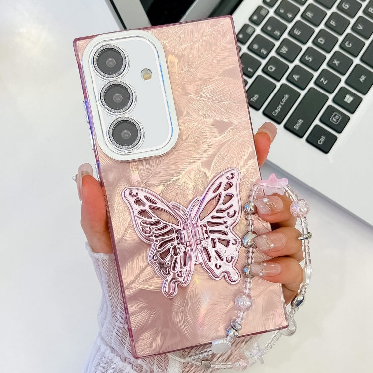 For Samsung Galaxy S24 FE 5G Plating Glitter Lens Film Texture Butterfly Holder Wristband Phone Case