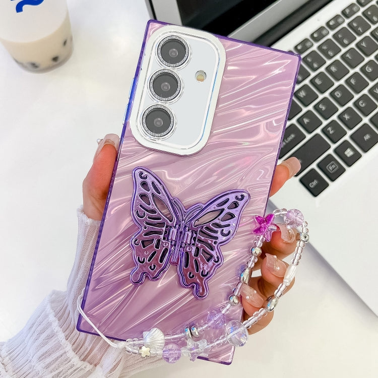 For Samsung Galaxy A55 5G Plating Glitter Lens Film Texture Butterfly Holder Wristband Phone Case