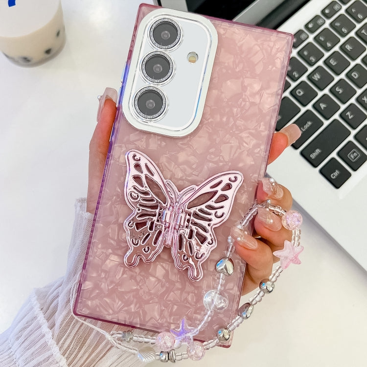 For Samsung Galaxy A55 5G Plating Glitter Lens Film Texture Butterfly Holder Wristband Phone Case