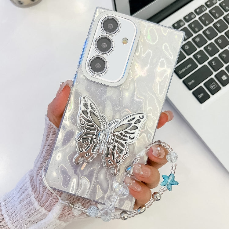 For Samsung Galaxy A55 5G Plating Glitter Lens Film Texture Butterfly Holder Wristband Phone Case