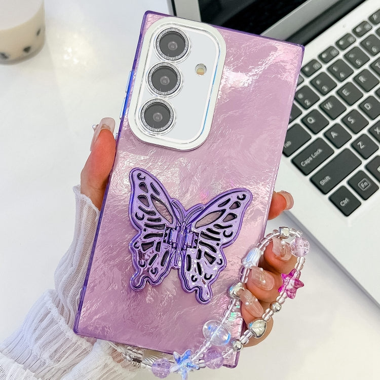 For Samsung Galaxy A55 5G Plating Glitter Lens Film Texture Butterfly Holder Wristband Phone Case