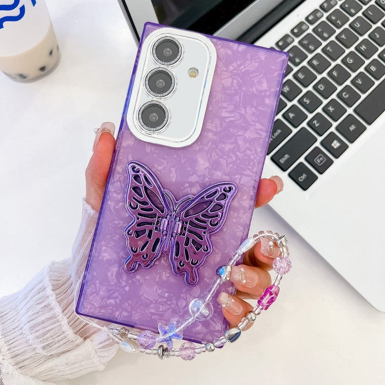 For Samsung Galaxy A35 5G Plating Glitter Lens Film Texture Butterfly Holder Wristband Phone Case