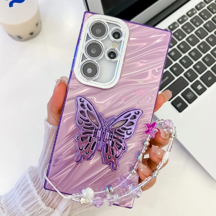 For Samsung Galaxy S24 Ultra 5G Plating Glitter Lens Film Texture Butterfly Holder Wristband Phone Case