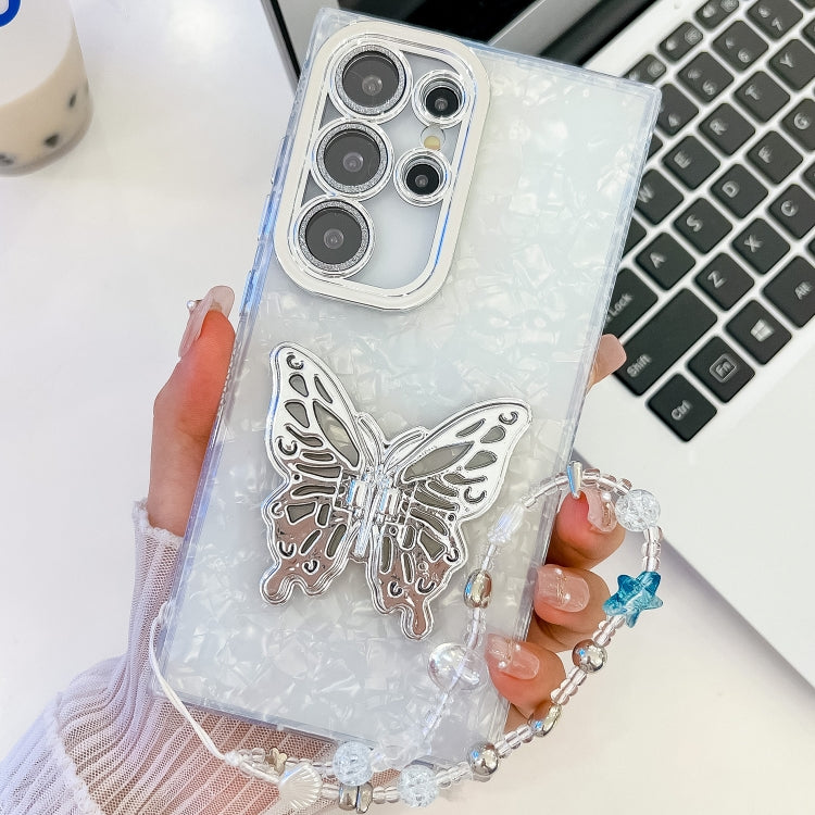 For Samsung Galaxy S24 Ultra 5G Plating Glitter Lens Film Texture Butterfly Holder Wristband Phone Case