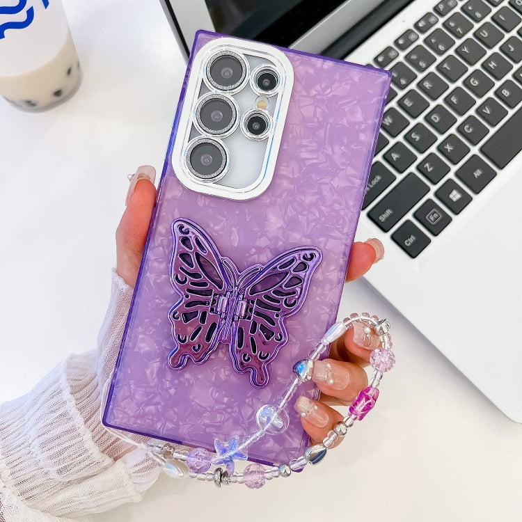 For Samsung Galaxy S24 Ultra 5G Plating Glitter Lens Film Texture Butterfly Holder Wristband Phone Case
