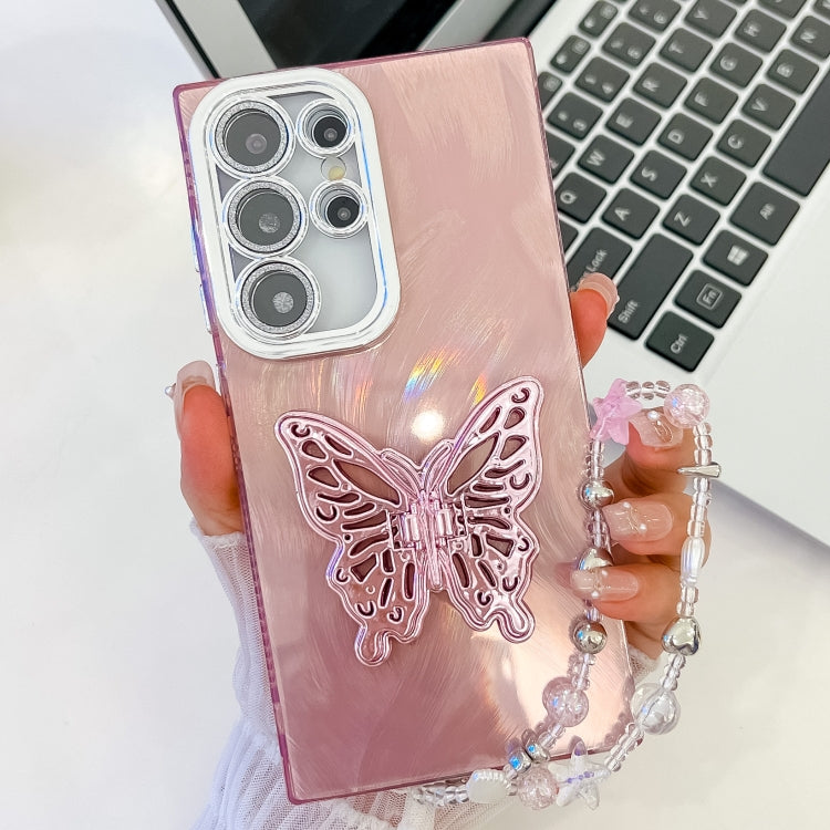 For Samsung Galaxy S24 Ultra 5G Plating Glitter Lens Film Texture Butterfly Holder Wristband Phone Case
