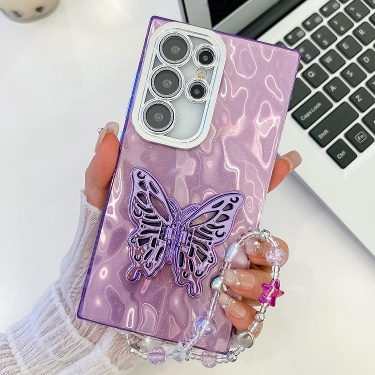 For Samsung Galaxy S24 Ultra 5G Plating Glitter Lens Film Texture Butterfly Holder Wristband Phone Case