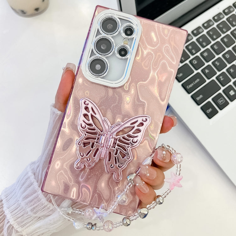 For Samsung Galaxy S24 Ultra 5G Plating Glitter Lens Film Texture Butterfly Holder Wristband Phone Case