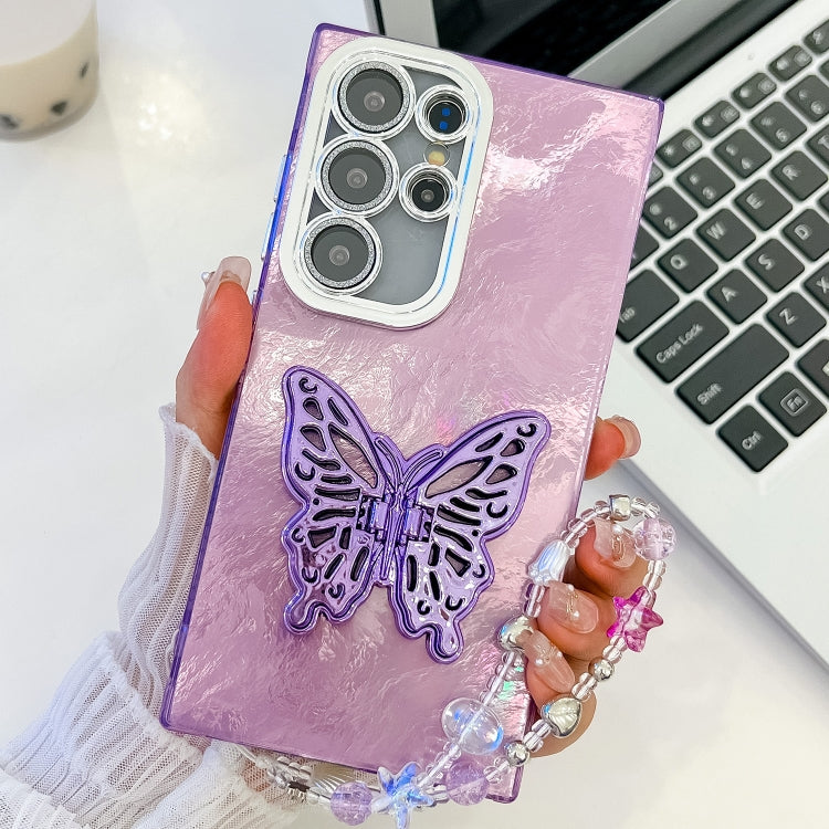 For Samsung Galaxy S24 Ultra 5G Plating Glitter Lens Film Texture Butterfly Holder Wristband Phone Case