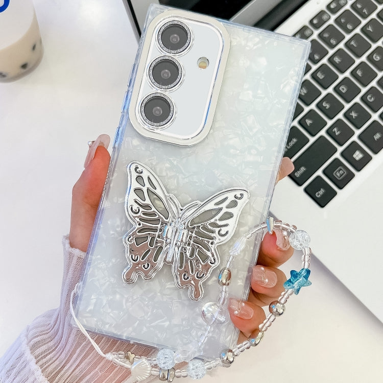 For Samsung Galaxy S24+ 5G Plating Glitter Lens Film Texture Butterfly Holder Wristband Phone Case