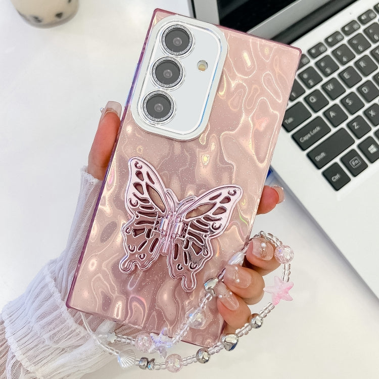 For Samsung Galaxy A54 5G Plating Glitter Lens Film Texture Butterfly Holder Wristband Phone Case
