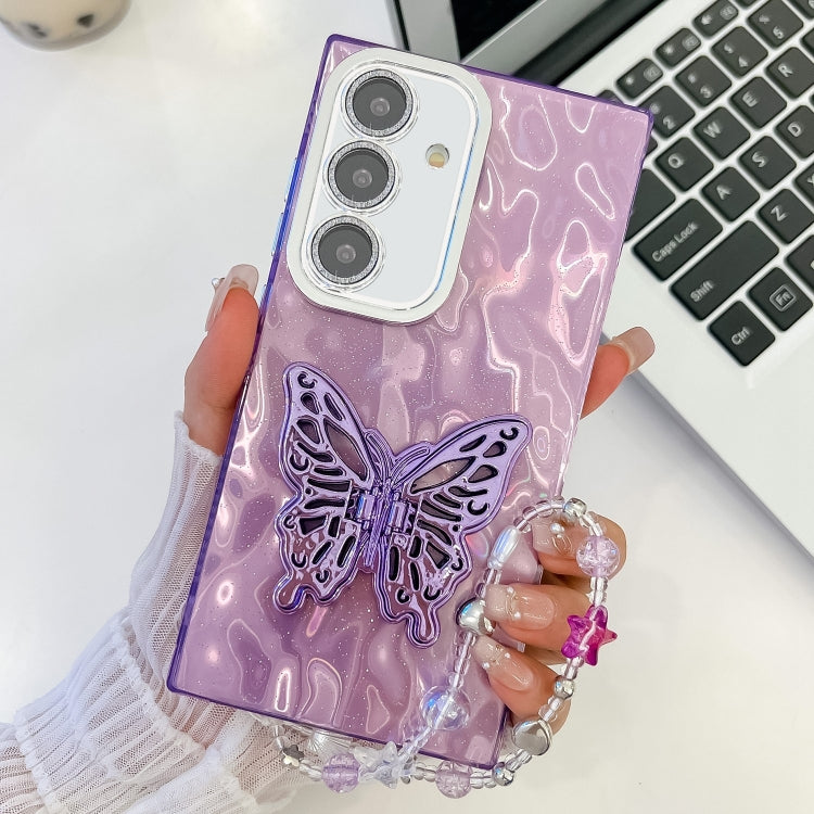 For Samsung Galaxy A54 5G Plating Glitter Lens Film Texture Butterfly Holder Wristband Phone Case