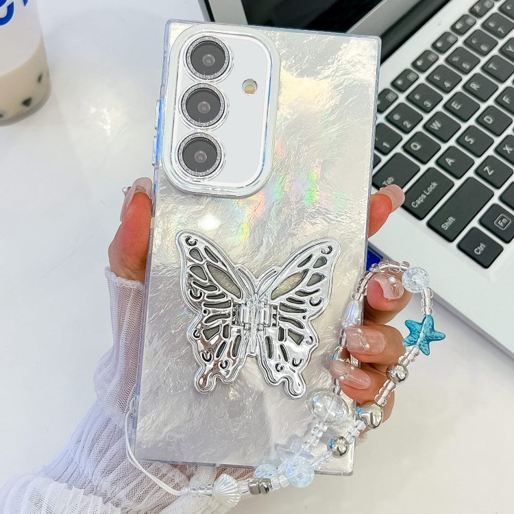 For Samsung Galaxy A54 5G Plating Glitter Lens Film Texture Butterfly Holder Wristband Phone Case