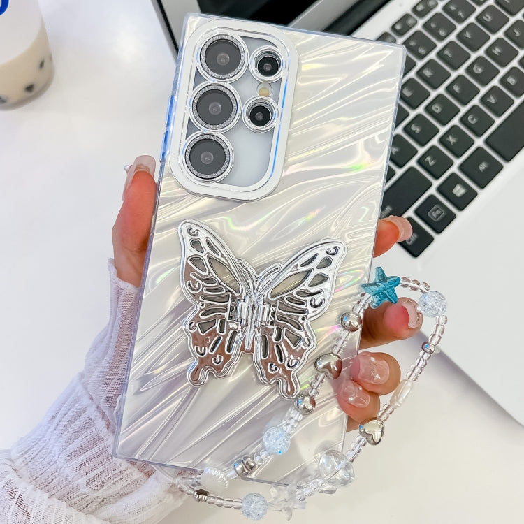 For Samsung Galaxy S23 Ultra 5G Plating Glitter Lens Film Texture Butterfly Holder Wristband Phone Case