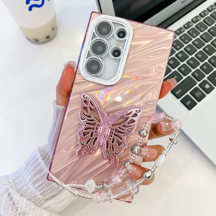 For Samsung Galaxy S23 Ultra 5G Plating Glitter Lens Film Texture Butterfly Holder Wristband Phone Case