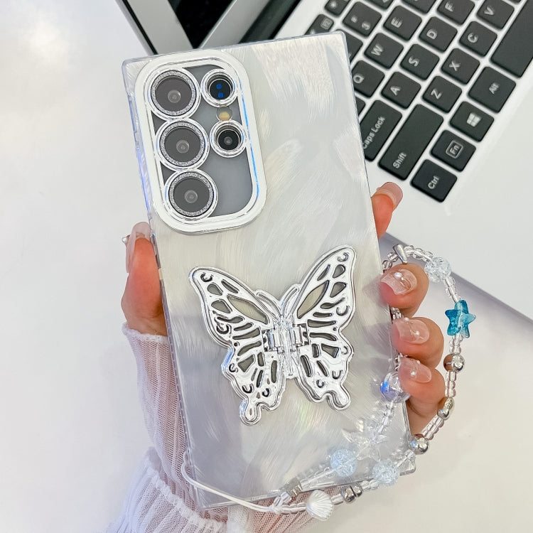 For Samsung Galaxy S23 Ultra 5G Plating Glitter Lens Film Texture Butterfly Holder Wristband Phone Case