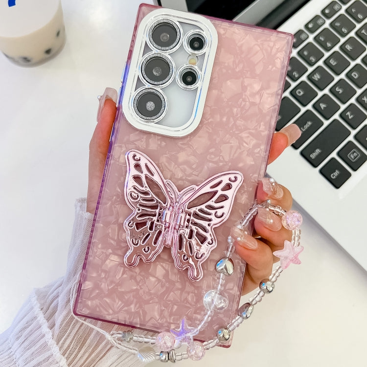 For Samsung Galaxy S25 Ultra 5G Plating Glitter Lens Film Texture Butterfly Holder Wristband Phone Case