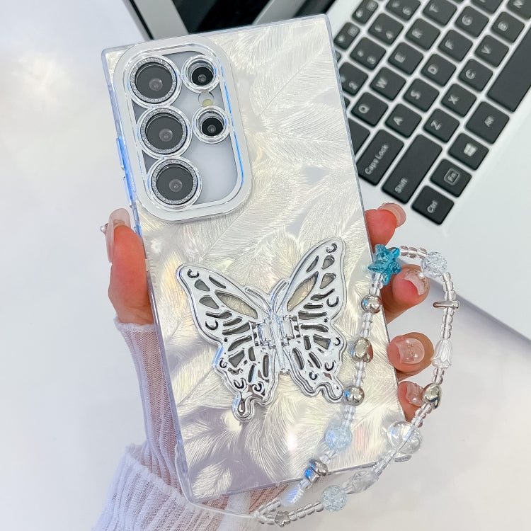 For Samsung Galaxy S25 Ultra 5G Plating Glitter Lens Film Texture Butterfly Holder Wristband Phone Case