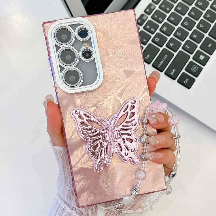 For Samsung Galaxy S25 Ultra 5G Plating Glitter Lens Film Texture Butterfly Holder Wristband Phone Case