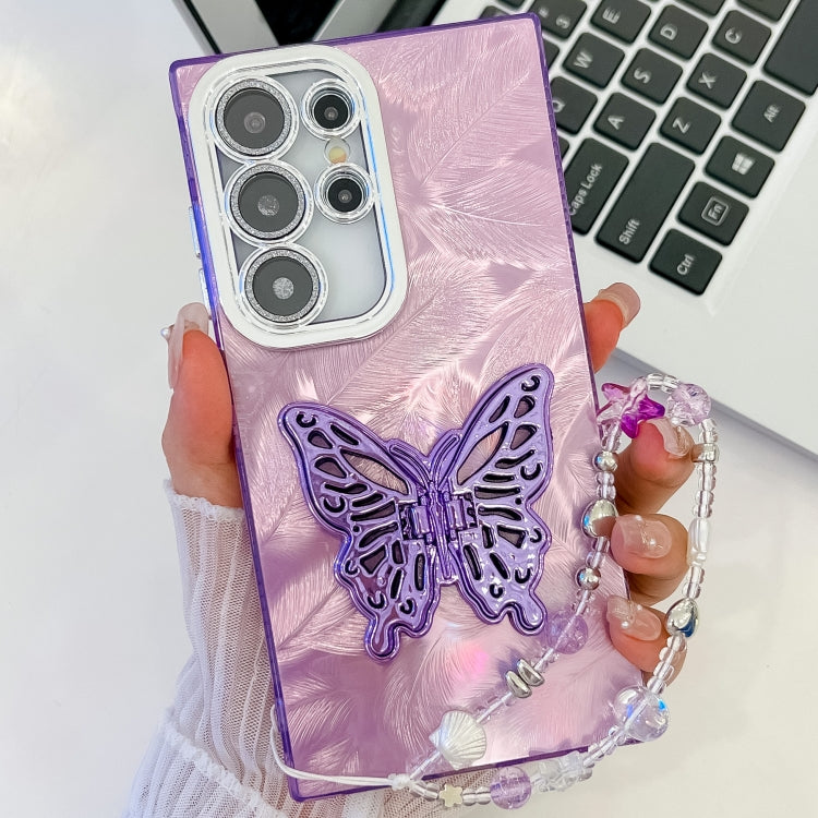 For Samsung Galaxy S25 Ultra 5G Plating Glitter Lens Film Texture Butterfly Holder Wristband Phone Case