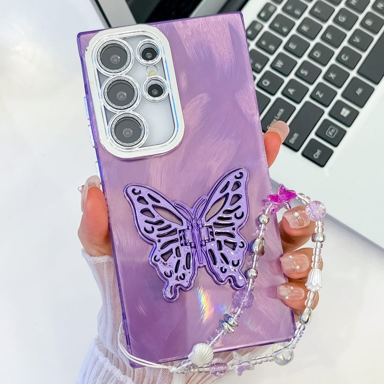 For Samsung Galaxy S25 Ultra 5G Plating Glitter Lens Film Texture Butterfly Holder Wristband Phone Case