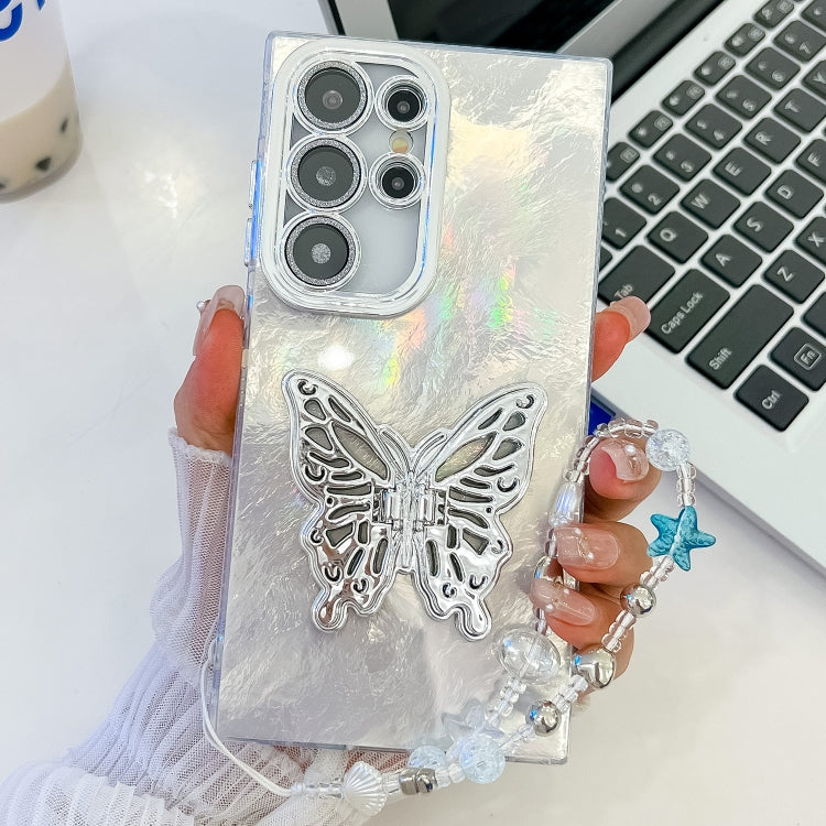 For Samsung Galaxy S25 Ultra 5G Plating Glitter Lens Film Texture Butterfly Holder Wristband Phone Case