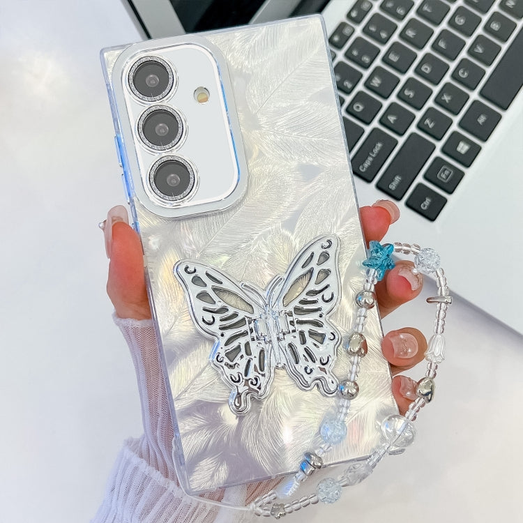 For Samsung Galaxy A36 5G Plating Glitter Lens Film Texture Butterfly Holder Wristband Phone Case