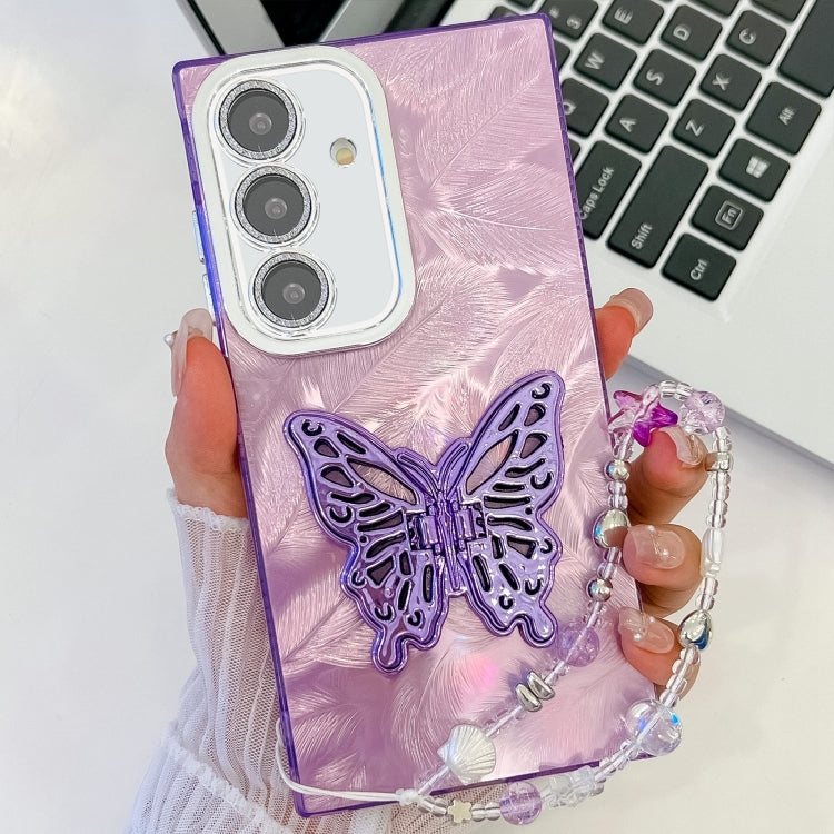 For Samsung Galaxy A36 5G Plating Glitter Lens Film Texture Butterfly Holder Wristband Phone Case