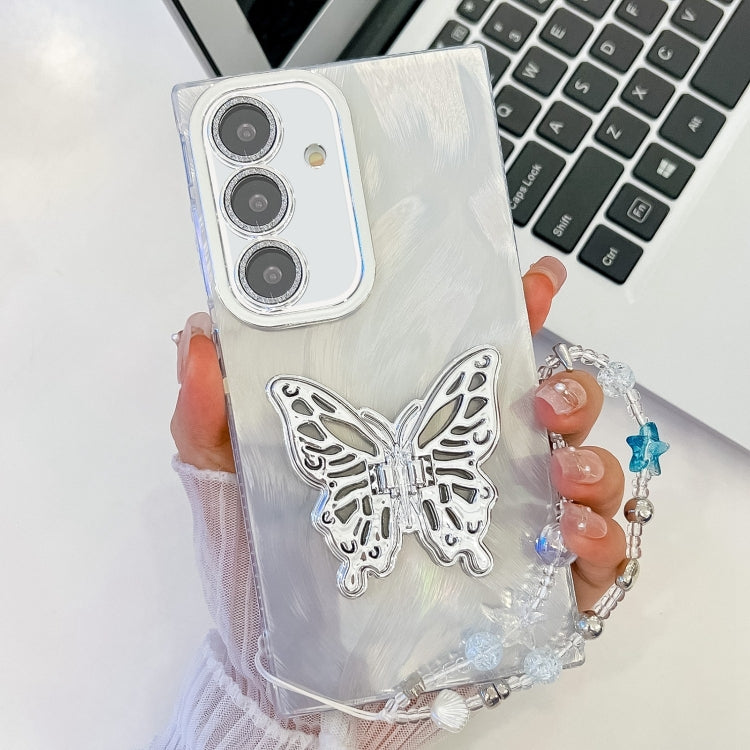 For Samsung Galaxy A36 5G Plating Glitter Lens Film Texture Butterfly Holder Wristband Phone Case