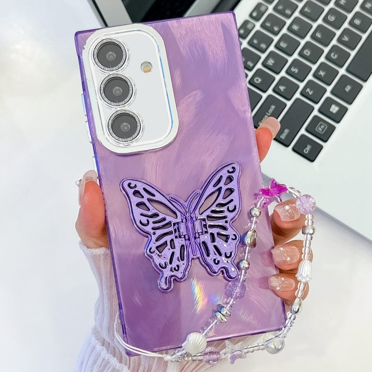 For Samsung Galaxy A36 5G Plating Glitter Lens Film Texture Butterfly Holder Wristband Phone Case
