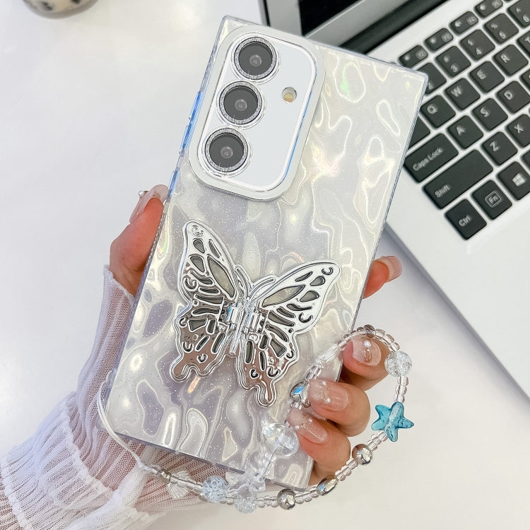 For Samsung Galaxy A36 5G Plating Glitter Lens Film Texture Butterfly Holder Wristband Phone Case