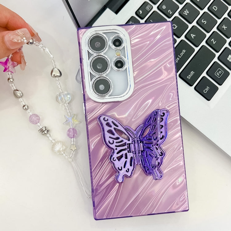 For Samsung Galaxy A25 5G Plating Glitter Lens Film Texture Butterfly Holder Wristband Phone Case