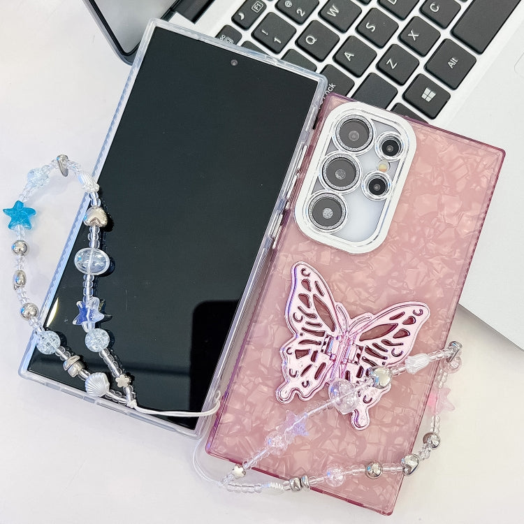 For Samsung Galaxy A55 5G Plating Glitter Lens Film Texture Butterfly Holder Wristband Phone Case