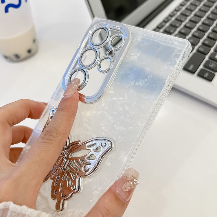 For Samsung Galaxy S25 5G Plating Glitter Lens Film Texture Butterfly Holder Wristband Phone Case
