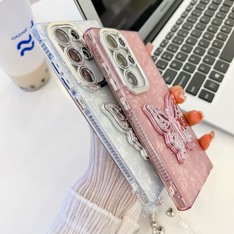 For Samsung Galaxy A54 5G Plating Glitter Lens Film Texture Butterfly Holder Wristband Phone Case