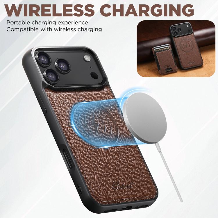 For iPhone 17 Pro Max Suteni H17 Cross Grain Leather MagSafe Detachable Wallet Phone Case