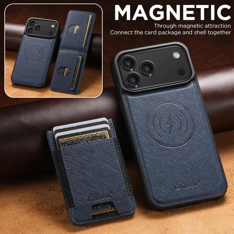 For iPhone 17 Pro Max Suteni H17 Cross Grain Leather MagSafe Detachable Wallet Phone Case
