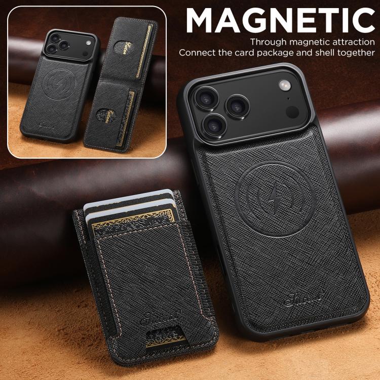 For iPhone 17 Pro Suteni H17 Cross Grain Leather MagSafe Detachable Wallet Phone Case