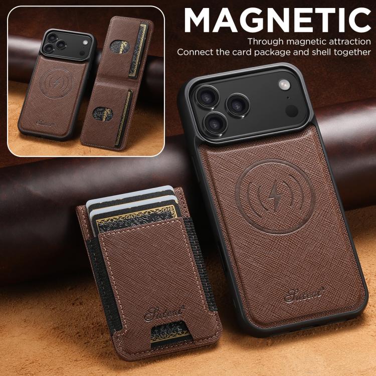For iPhone 17 Pro Suteni H17 Cross Grain Leather MagSafe Detachable Wallet Phone Case
