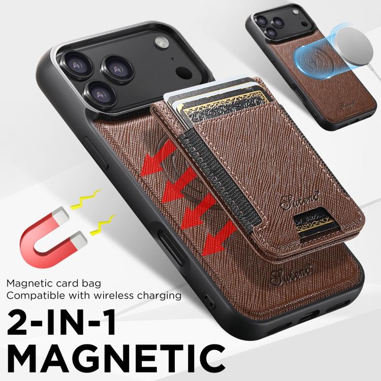 For iPhone 17 Suteni H17 Cross Grain Leather MagSafe Detachable Wallet Phone Case