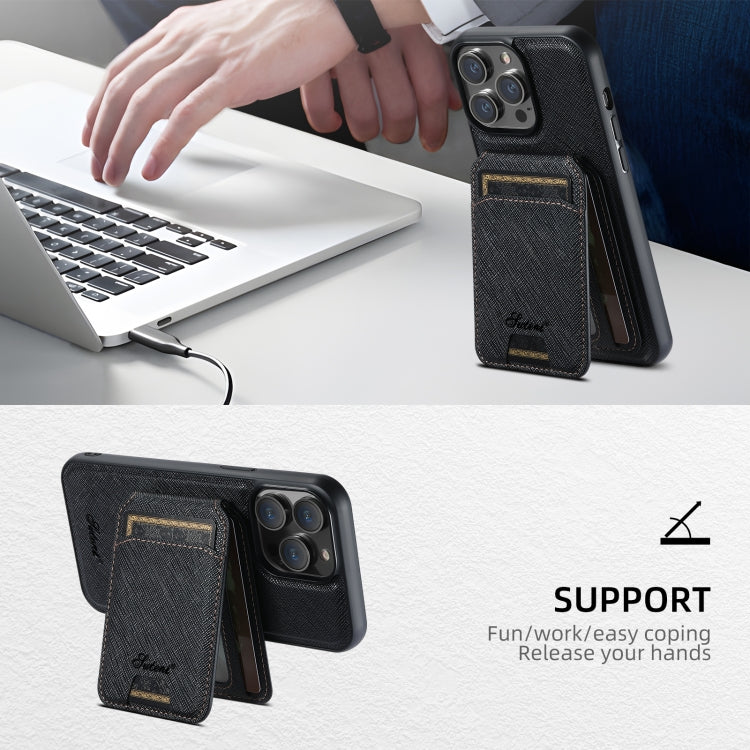 For iPhone 16 Pro Max Suteni H18 Cross Grain MagSafe Wallet Leather Phone Case