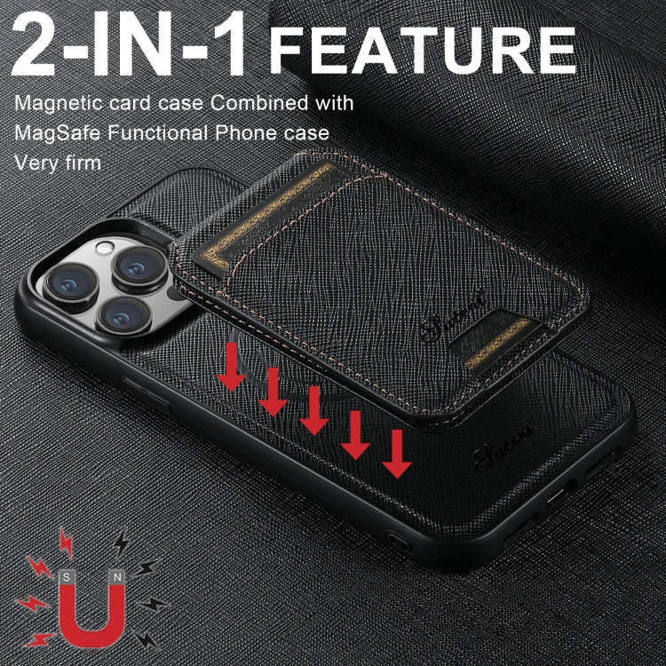 For iPhone 16 Pro Max Suteni H18 Cross Grain MagSafe Wallet Leather Phone Case