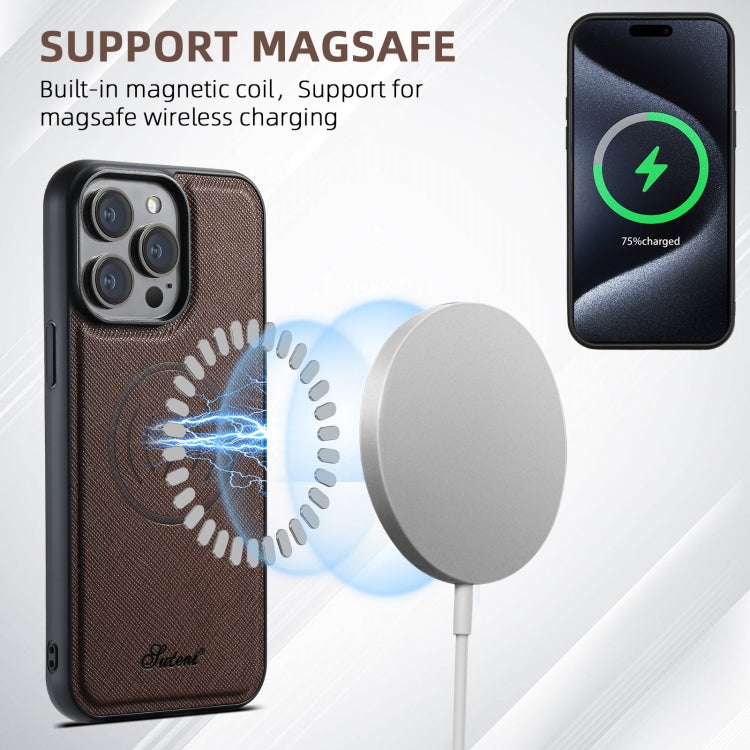 For iPhone 16 Pro Max Suteni H18 Cross Grain MagSafe Wallet Leather Phone Case