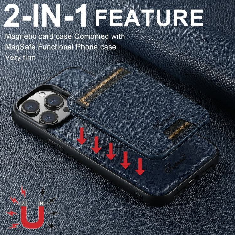 For iPhone 16 Pro Suteni H18 Cross Grain MagSafe Wallet Leather Phone Case