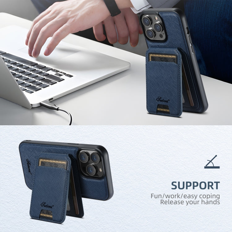 For iPhone 16 Suteni H18 Cross Grain MagSafe Wallet Leather Phone Case